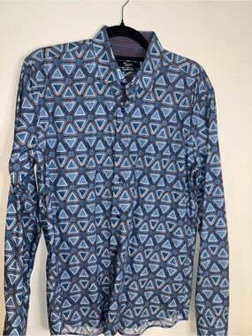 Mizumi Couture Men’s Medium Modern Fit Blue Geometric Print Long Sleeve Shirt
